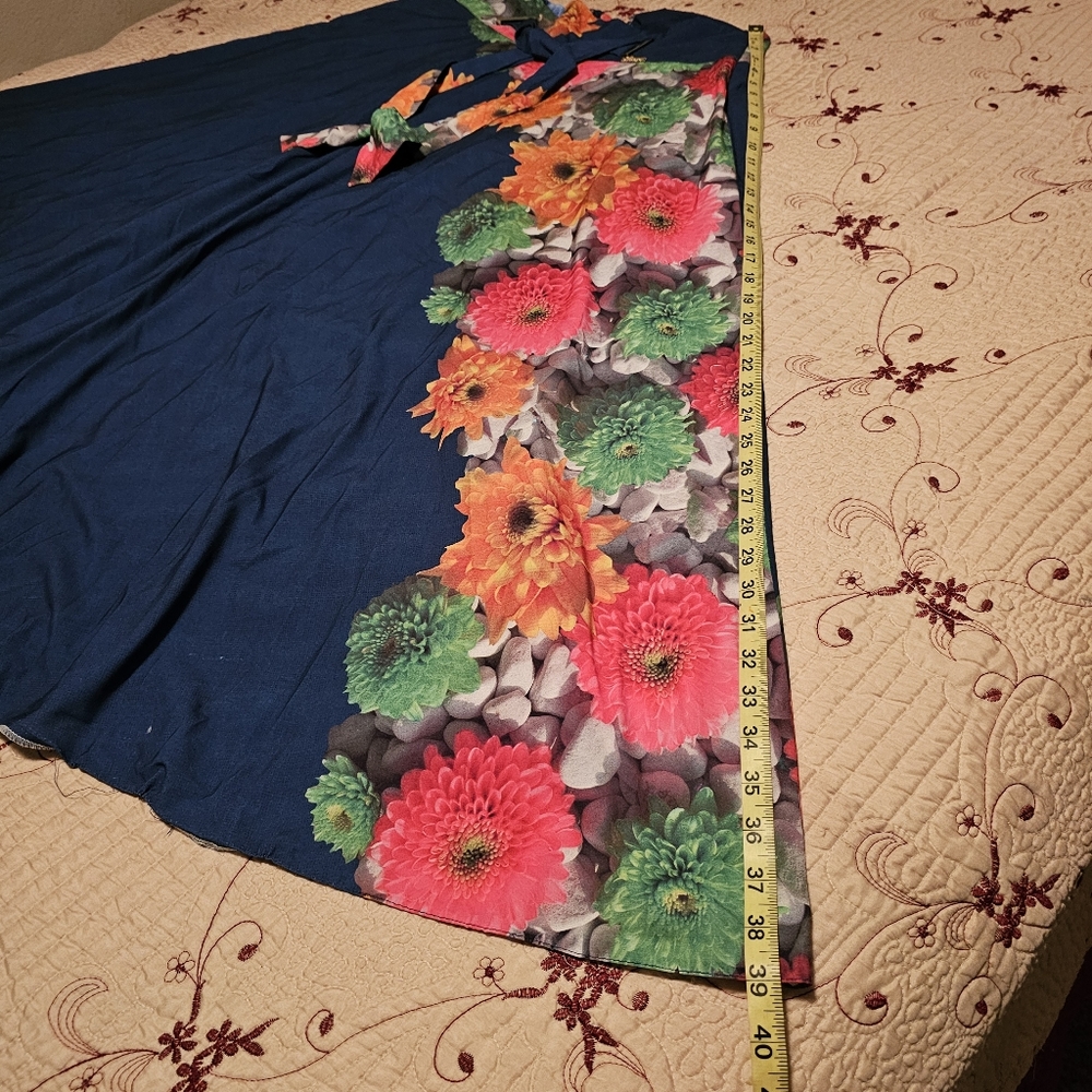 FEVROJ Flare Midi Skirt Floral Print Blue Flowy Tie Belt Women's  Large - Picture 15 of 16
